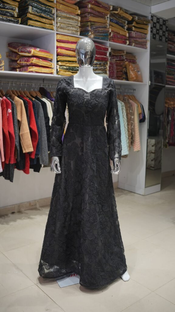 Black Net Embroidered Evening Gown – Designer Occasion Wear