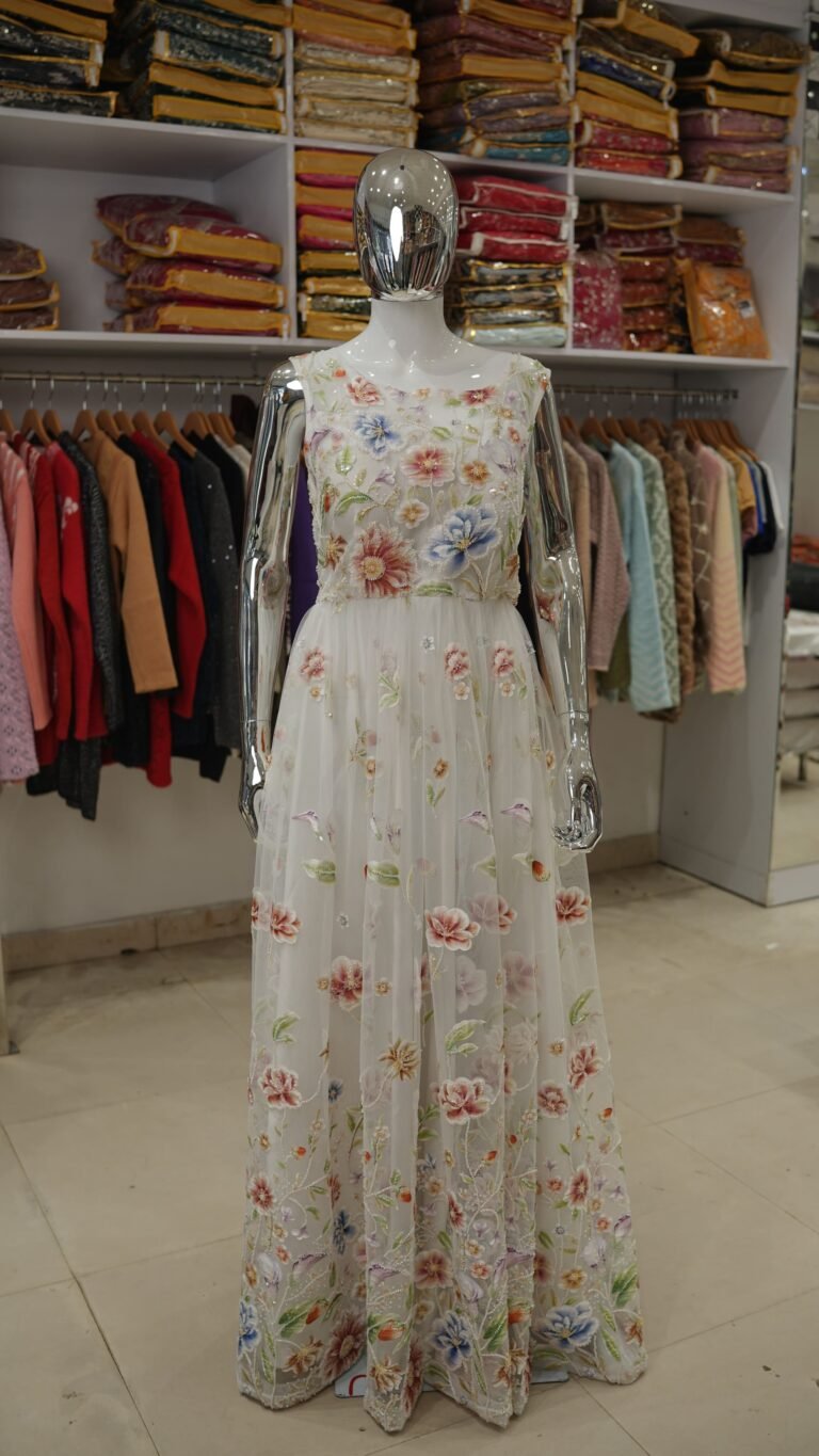 Ivory Floral Embroidered Net Gown