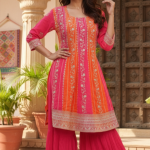 R-Kanika Pink & Orange georget embroidery with sharara