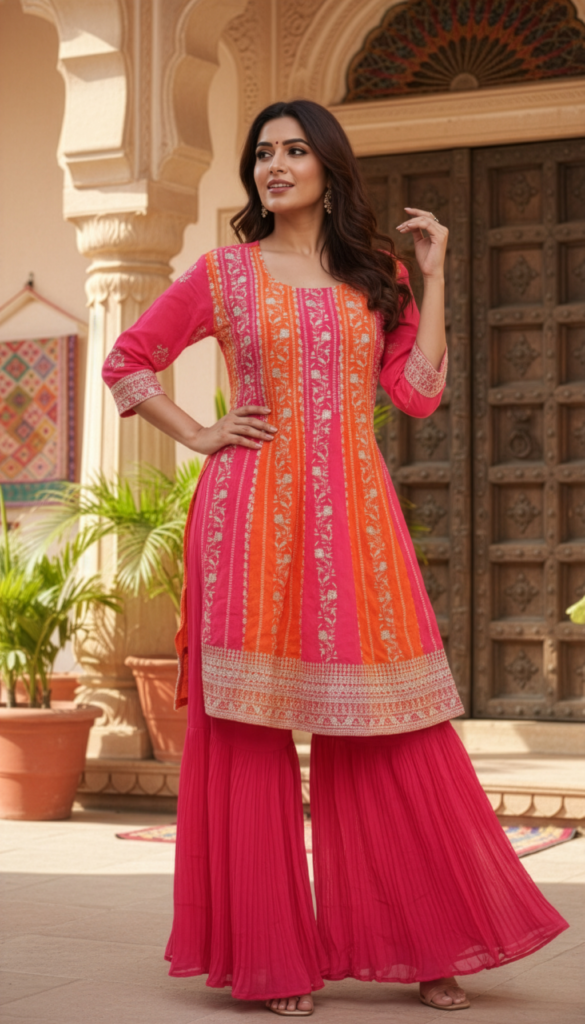 R-Kanika Pink & Orange georget embroidery with sharara