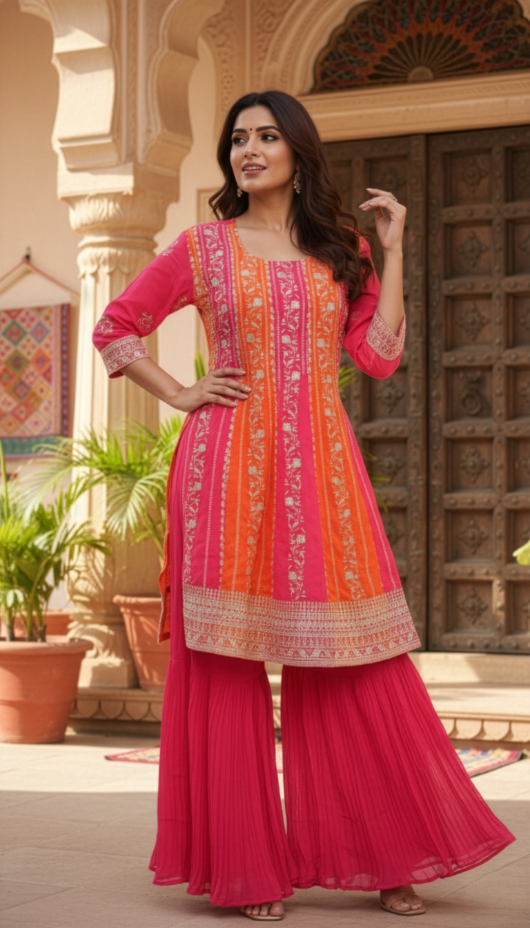 R-Kanika Pink & Orange georget embroidery with sharara